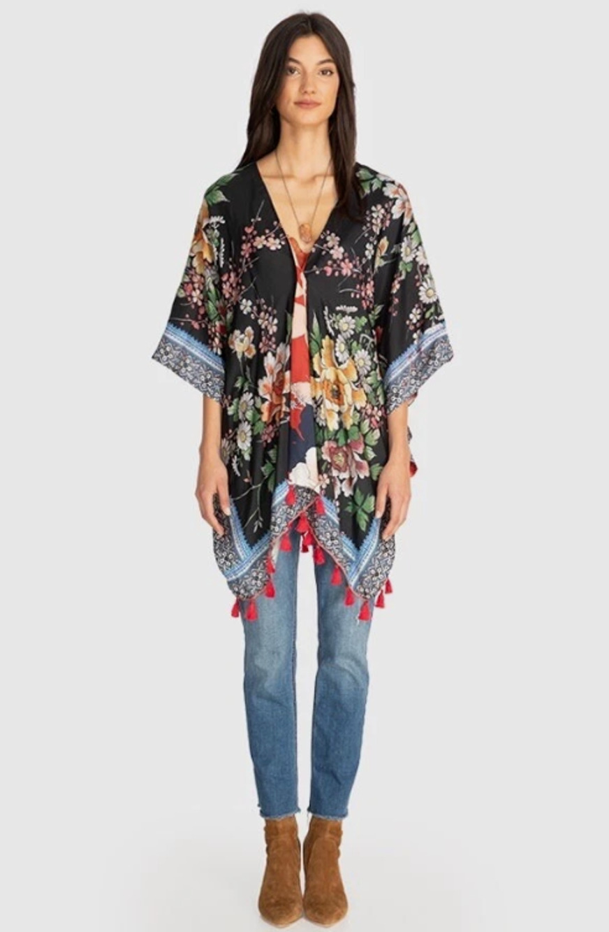 Johnny Was Leila Reversible Silk Floral Kimono Tassel Sz M Boho Cover Up Resort